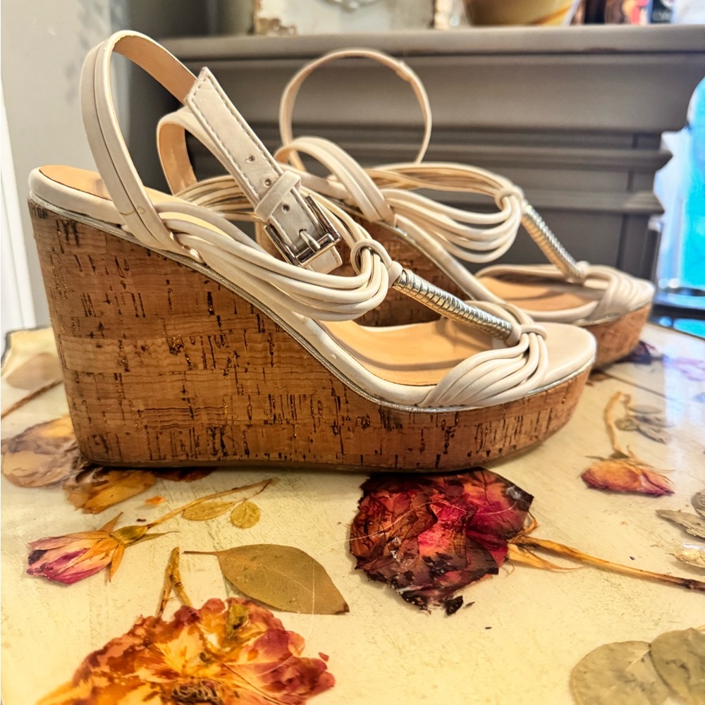 Aldo Cream and Tan Wedge Sandals